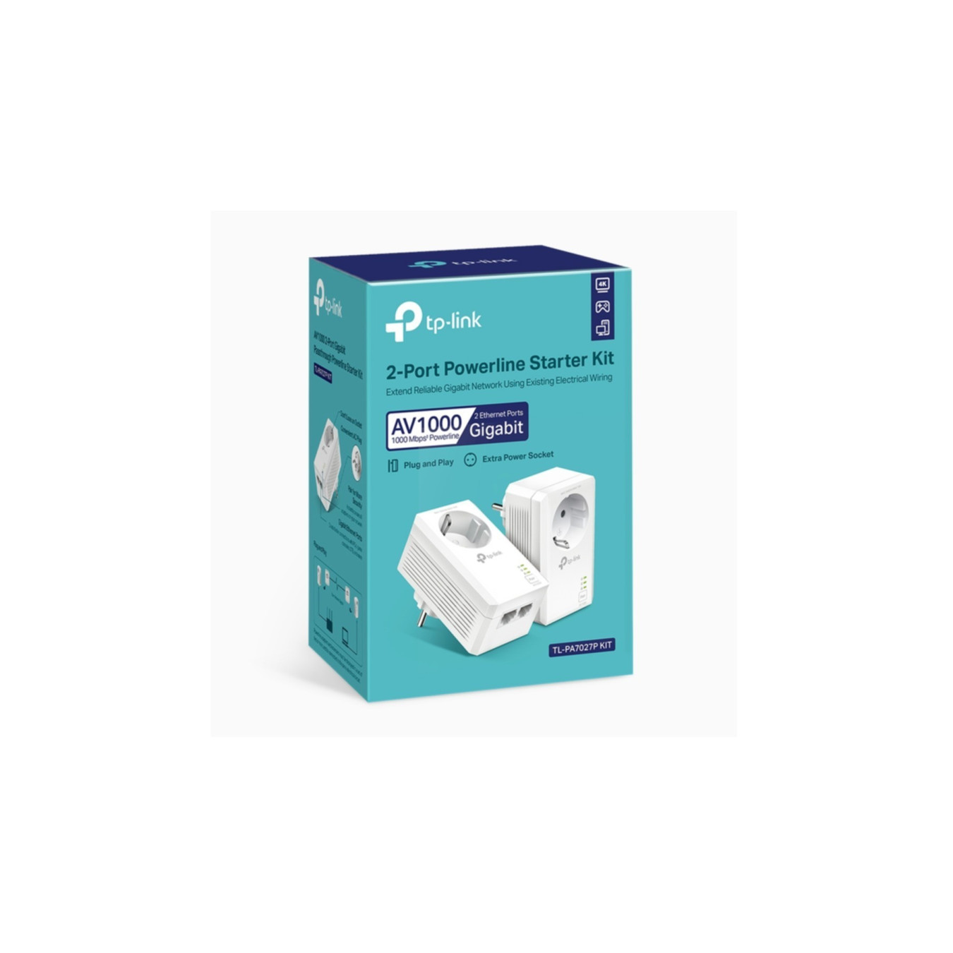 TP-Link Powerline Adapter Kit - TL-PA7027P KIT - AV1000 HomePlug AV2, 2x Gigabit Ports, Passthrough Socket
