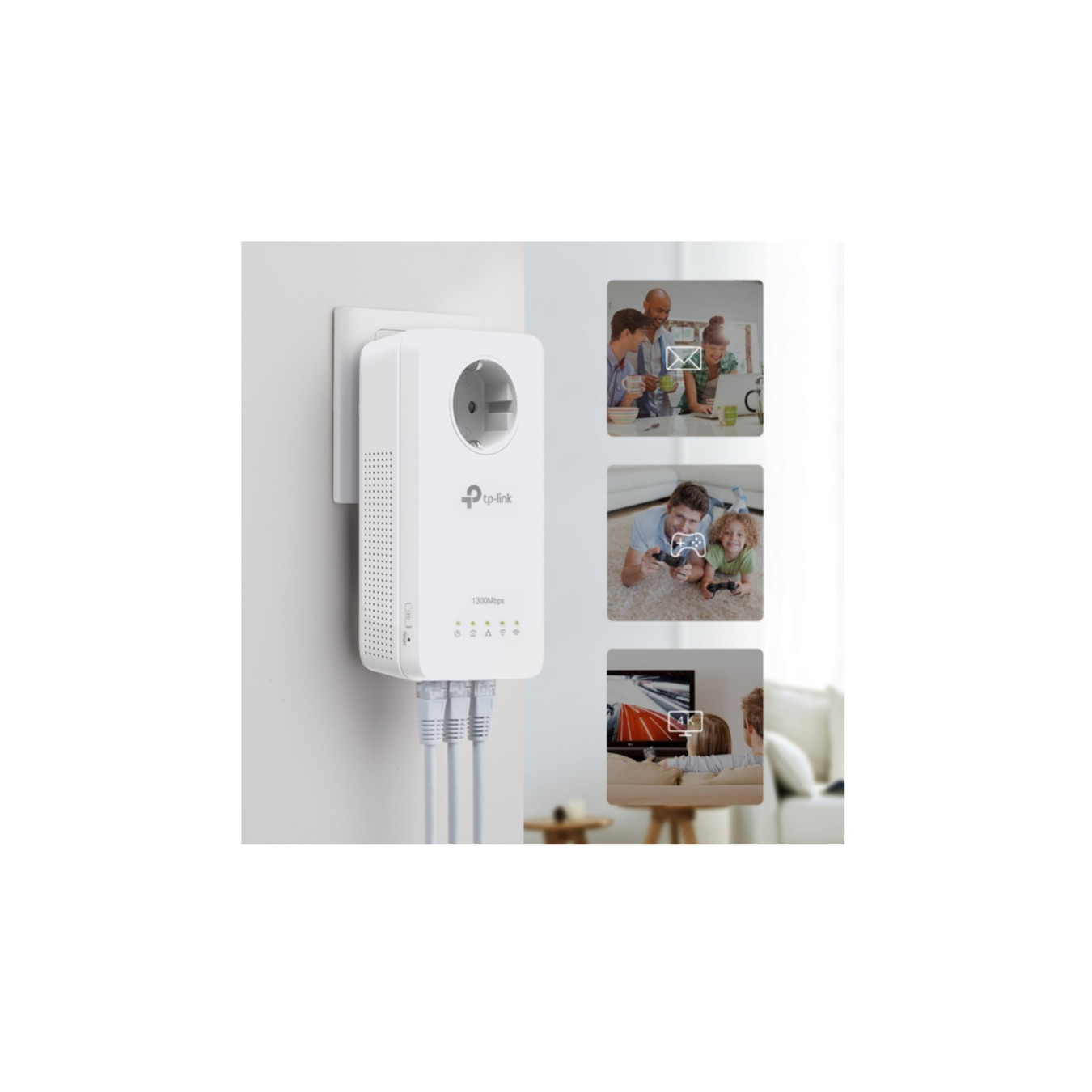 TP-Link Powerline Adapter Kit - TL-WPA1300P KIT - 1300Mbps, Wi-Fi 5, 3x Gigabit LAN, Passthrough Socket, White