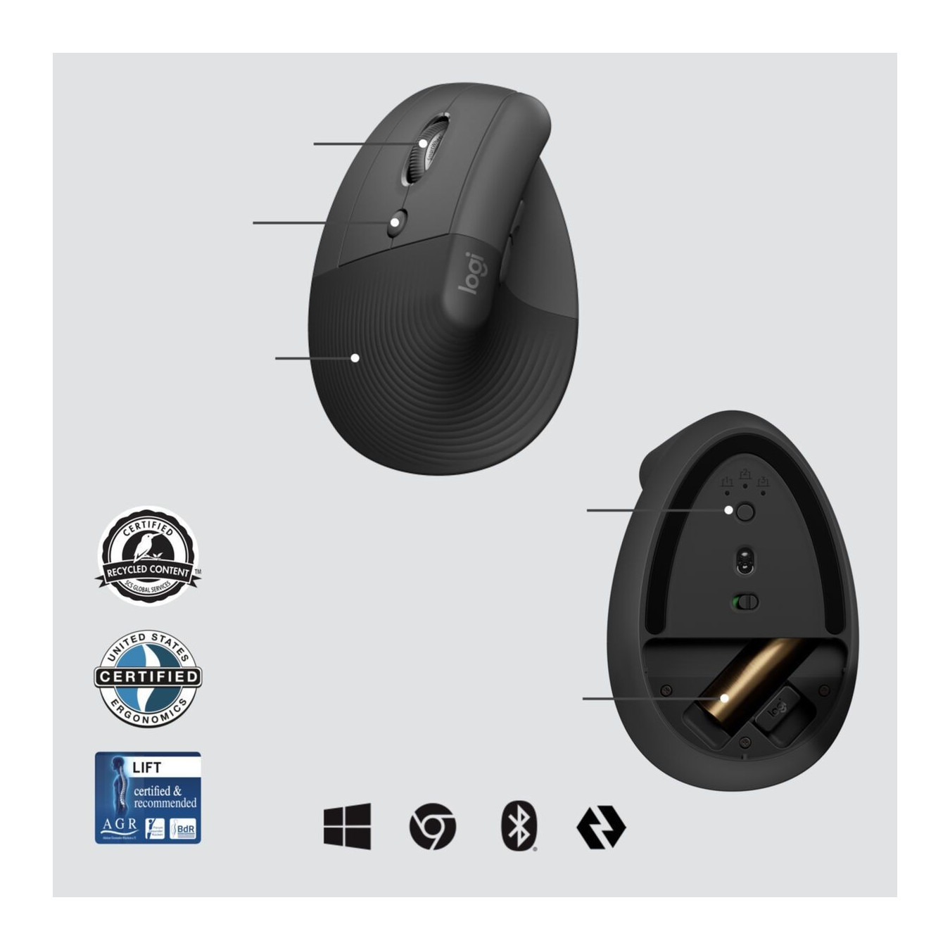 Logitech Lift for Business Wireless Ergonomic Left-Hand Vertical Mouse - 910-006495 - Graphite