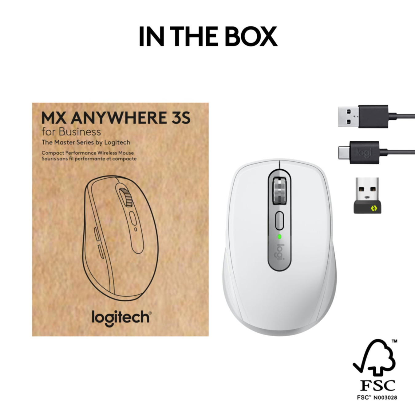 Logitech MX Anywhere 3S for Business - 910-006959 - Wireless White, 8000 DPI, Right-Hand, 6 Buttons, Logi Bolt