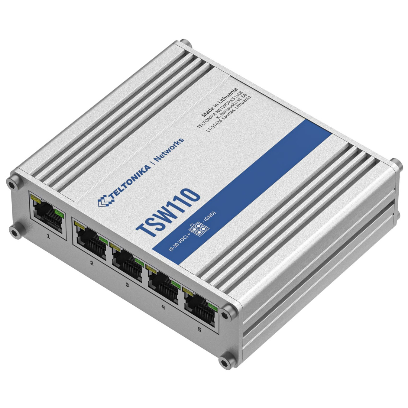 Teltonika TSW110 - 5-Port Gigabit Unmanaged Switch, DIN-rail, Blue/Grey, Aluminium Housing — Buy in Cyprus with Fast Delivery