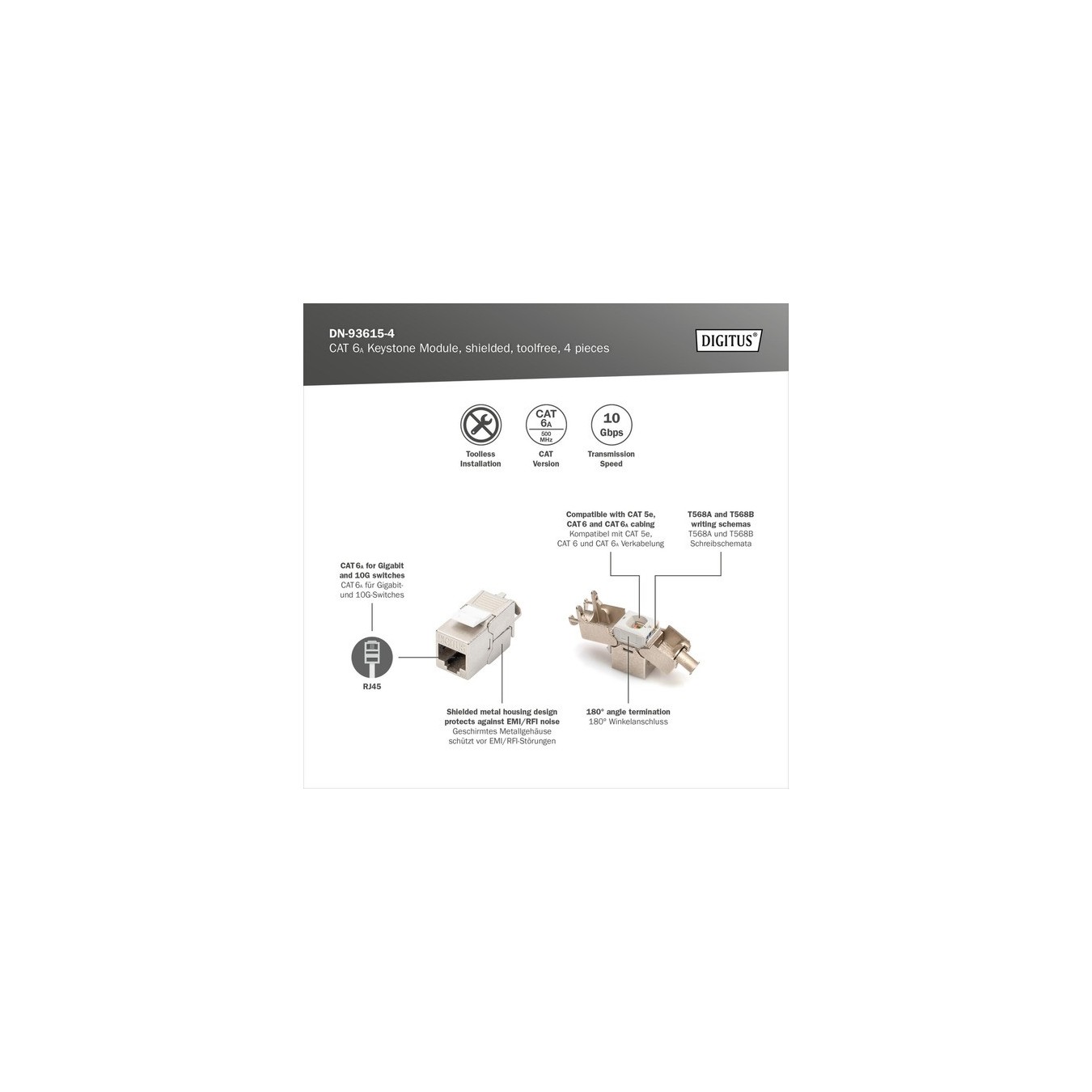 CAT 6A Keystone Module Shielded - Tool-Free - 4 Pieces — Buy in Cyprus with Fast Delivery