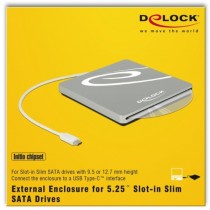 External housing for 5.25-inch slot-in slim SATA drives 9.5/12.7 mm height to USB Type-C connector, drive housing