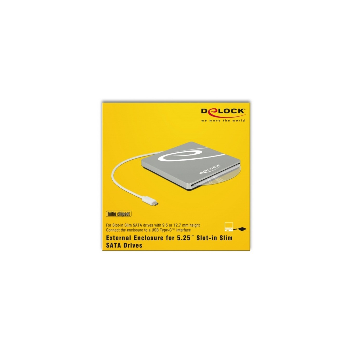 External housing for 5.25-inch slot-in slim SATA drives 9.5/12.7 mm height to USB Type-C connector, drive housing