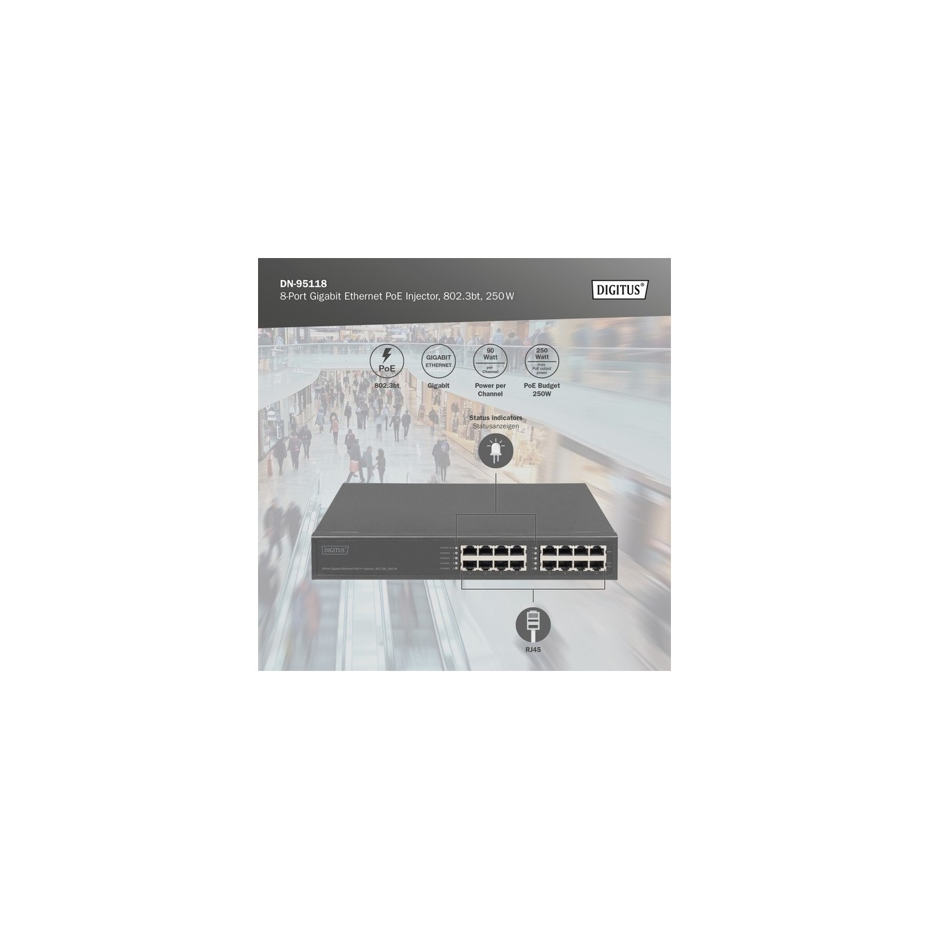 Digitus DN-95118 8-Port Gigabit PoE Injector - 802.3bt 250W | Armenius Store
