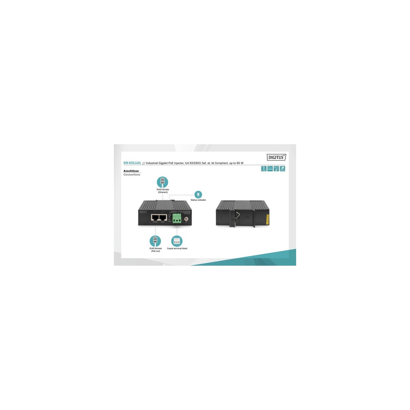 Digitus DN-651141 Gigabit Ethernet PoE Injector - Industrial - 95W | Armenius Store