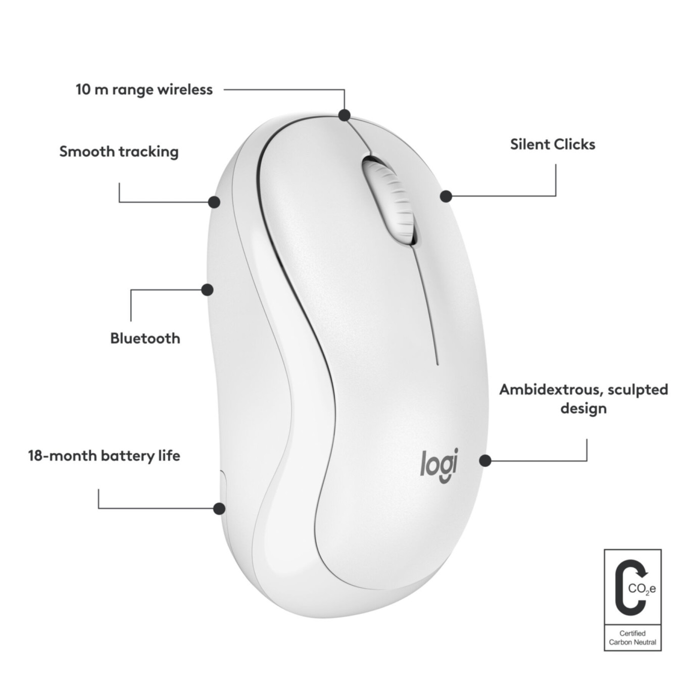 Logitech M240 Bluetooth - 910-007120 - Wireless Travel Mouse, Ambidextrous, Silent Click, White