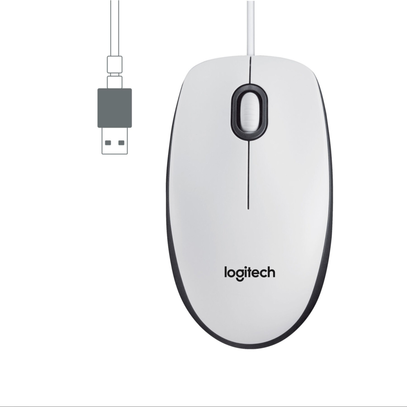 Logitech M100 Wired Optical Mouse - 910-006764 - White, USB-A, 1000 DPI, Ambidextrous, 3-Button