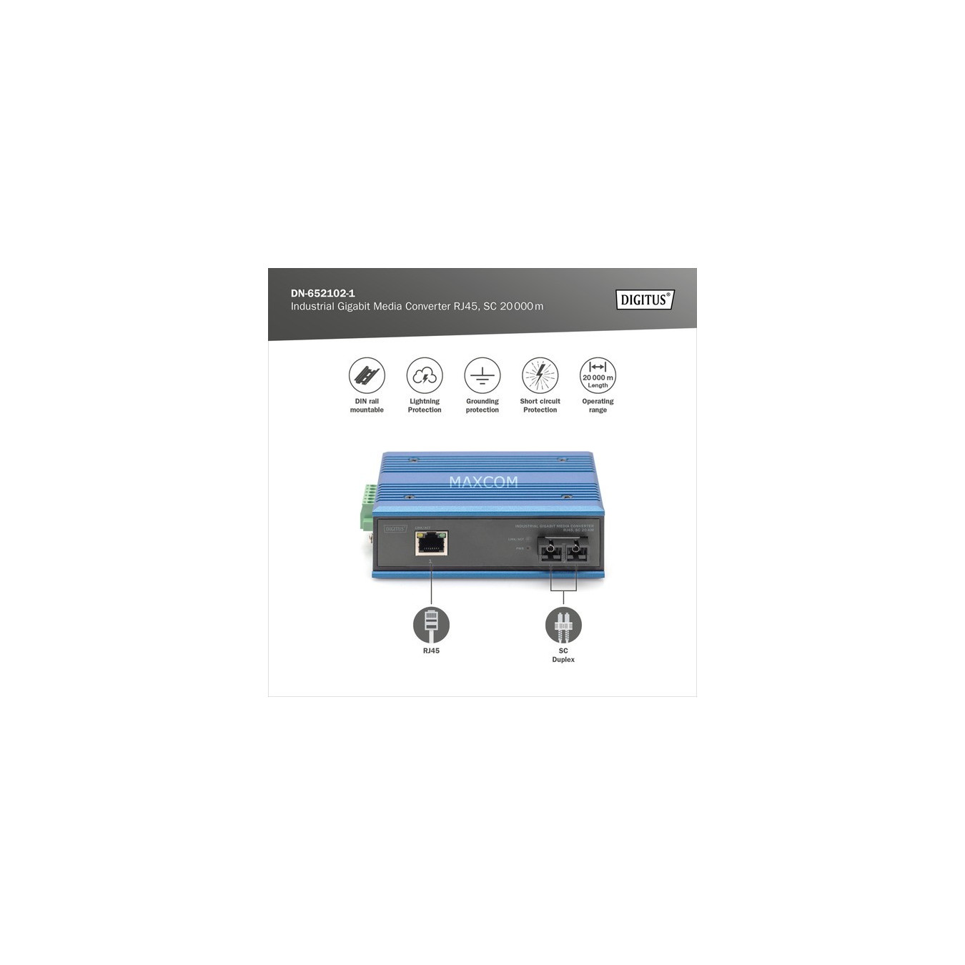 Industrial Gigabit media converter RJ45, SC 20 km — Buy in Cyprus with Fast Delivery