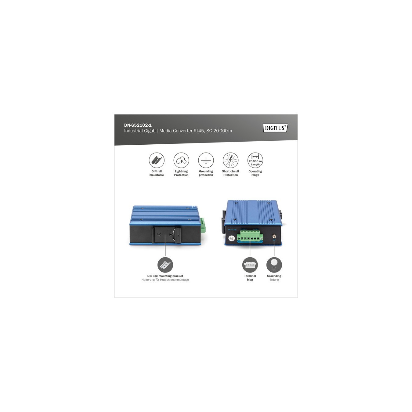 Industrial Gigabit media converter RJ45, SC 20 km — Buy in Cyprus with Fast Delivery