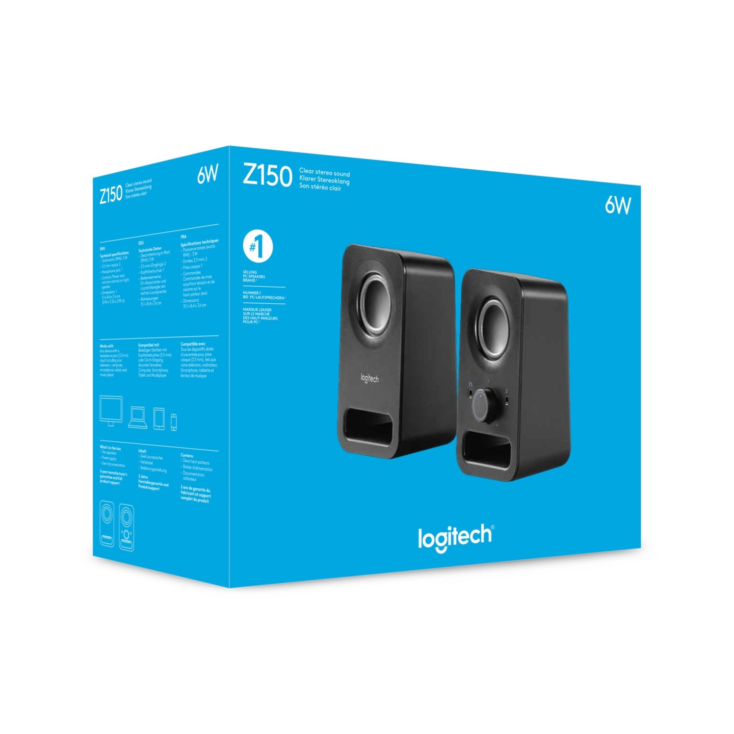 Logitech Z150 Speakers - 980-000814 - Compact 2.0 PC Speakers, 3W RMS, Black (3.5mm, AC Powered)