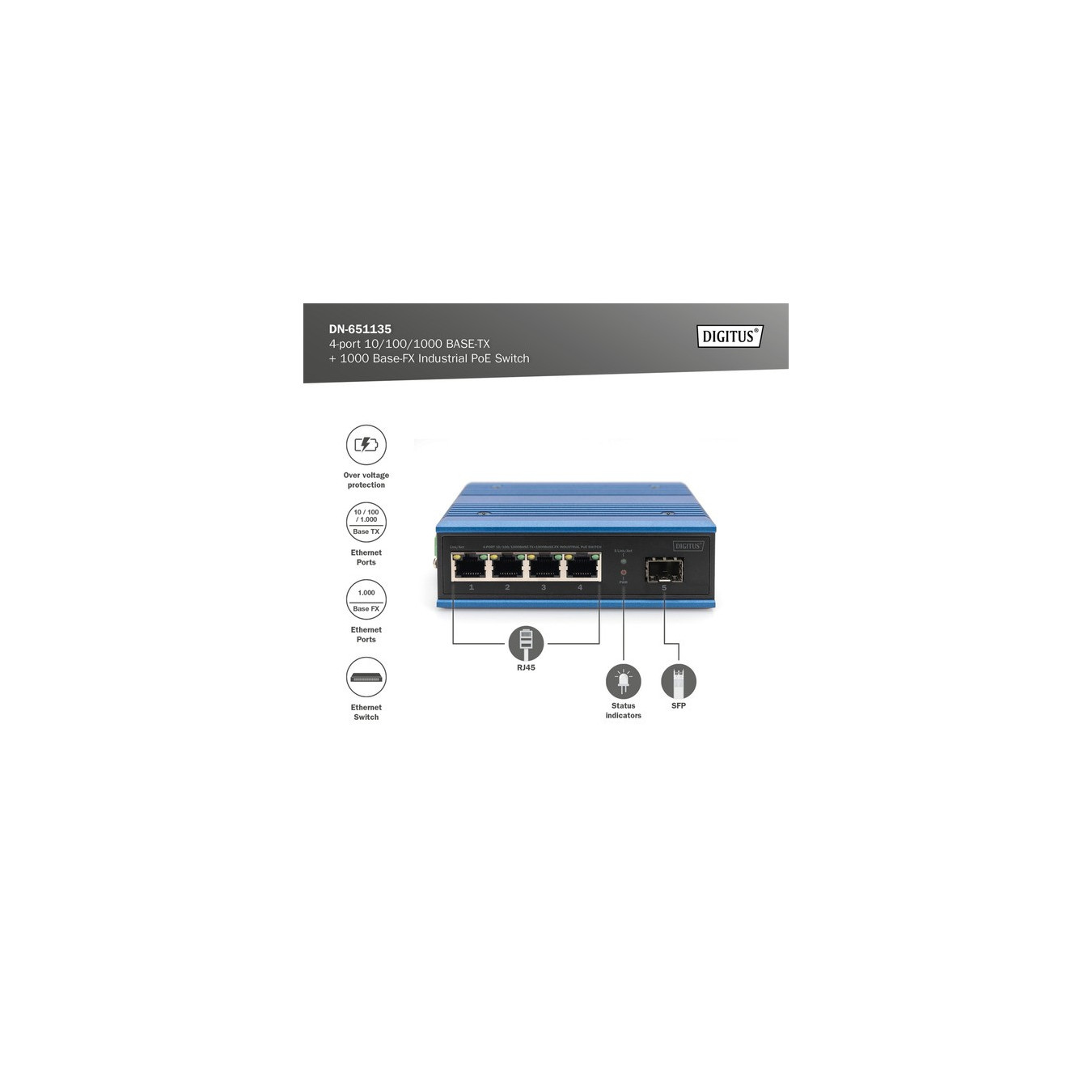 4P Gigabit PoE Switch Ind. Unmanaged 1xSFP — Buy in Cyprus with Fast Delivery