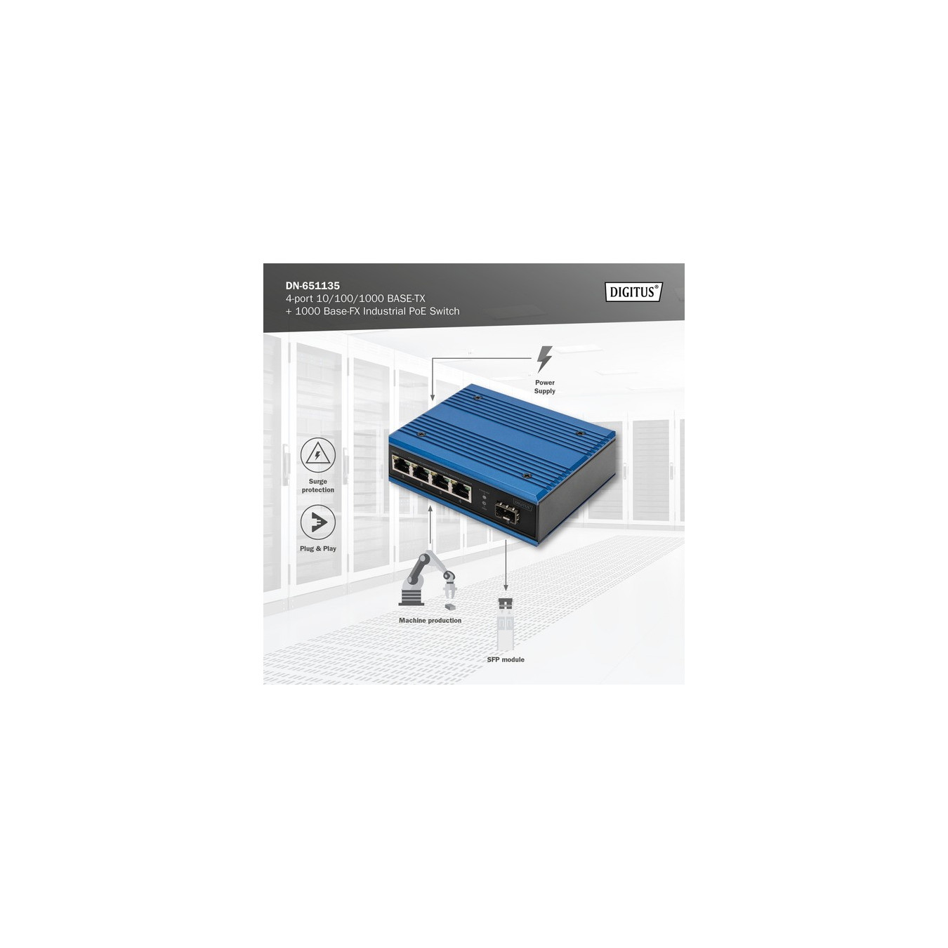 4P Gigabit PoE Switch Ind. Unmanaged 1xSFP — Buy in Cyprus with Fast Delivery