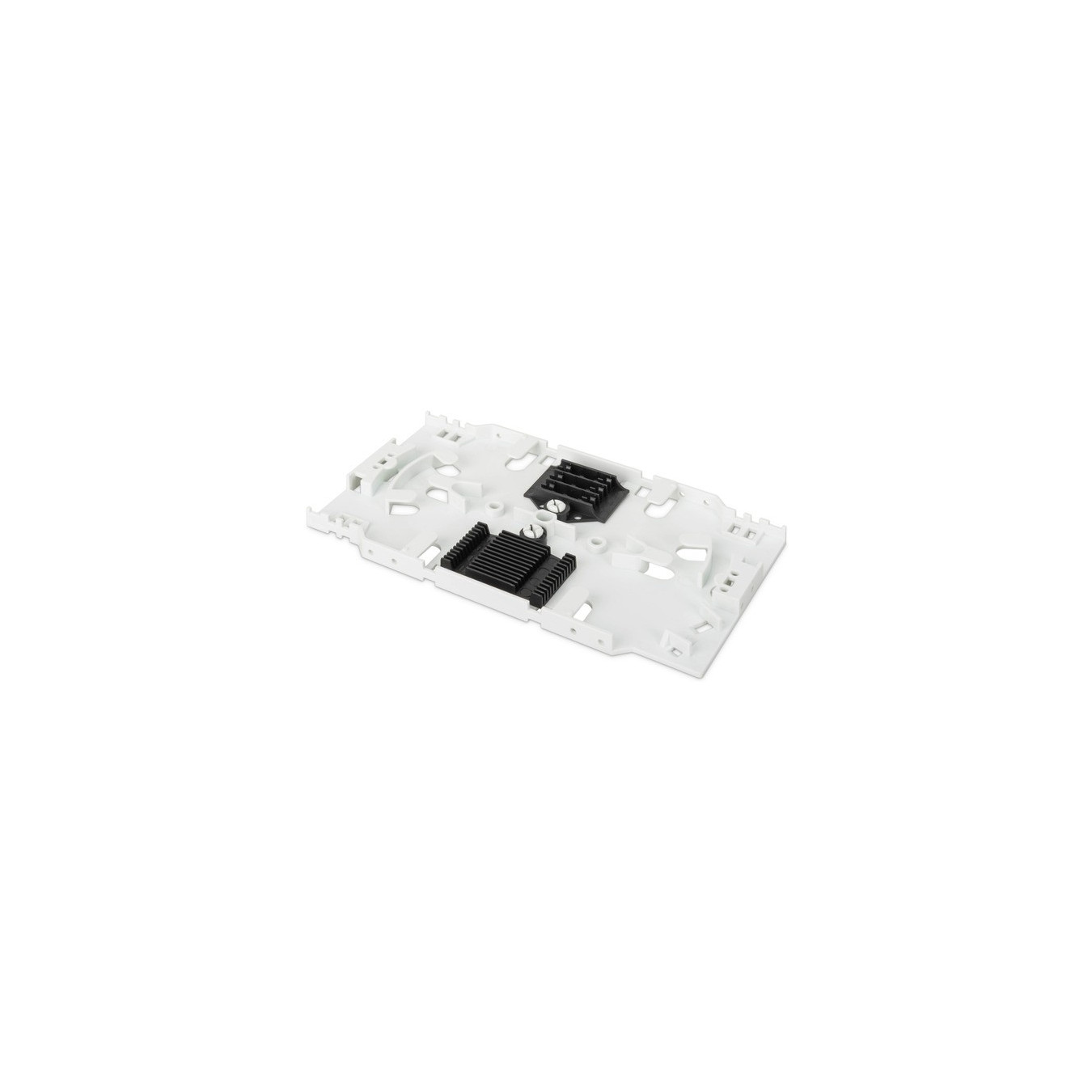 Fiber optic splice cassette for 12 fibers including splice holder for crimp and shrink splice protection, splice box