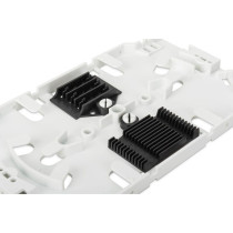 Fiber optic splice cassette for 12 fibers including splice holder for crimp and shrink splice protection, splice box