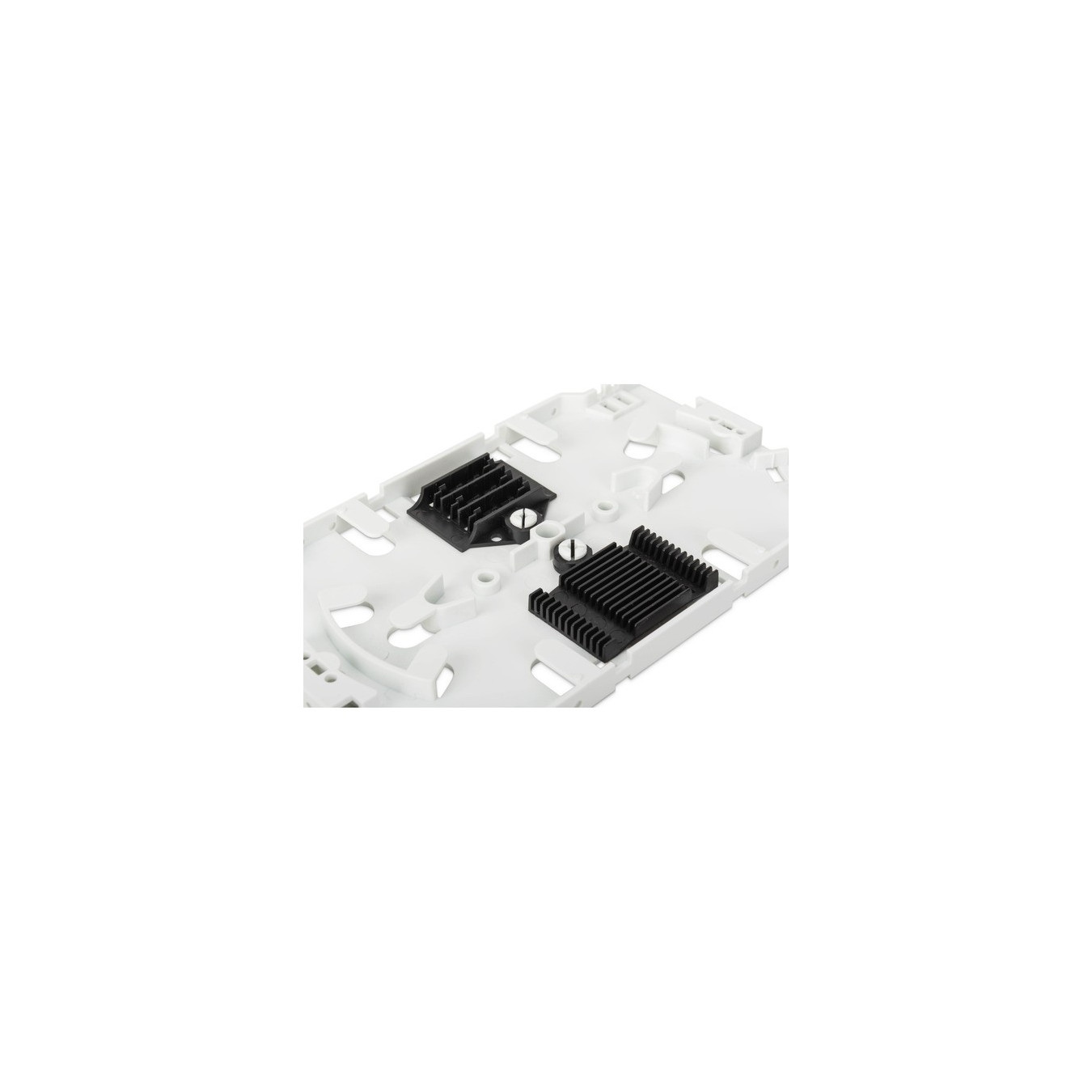 Fiber optic splice cassette for 12 fibers including splice holder for crimp and shrink splice protection, splice box