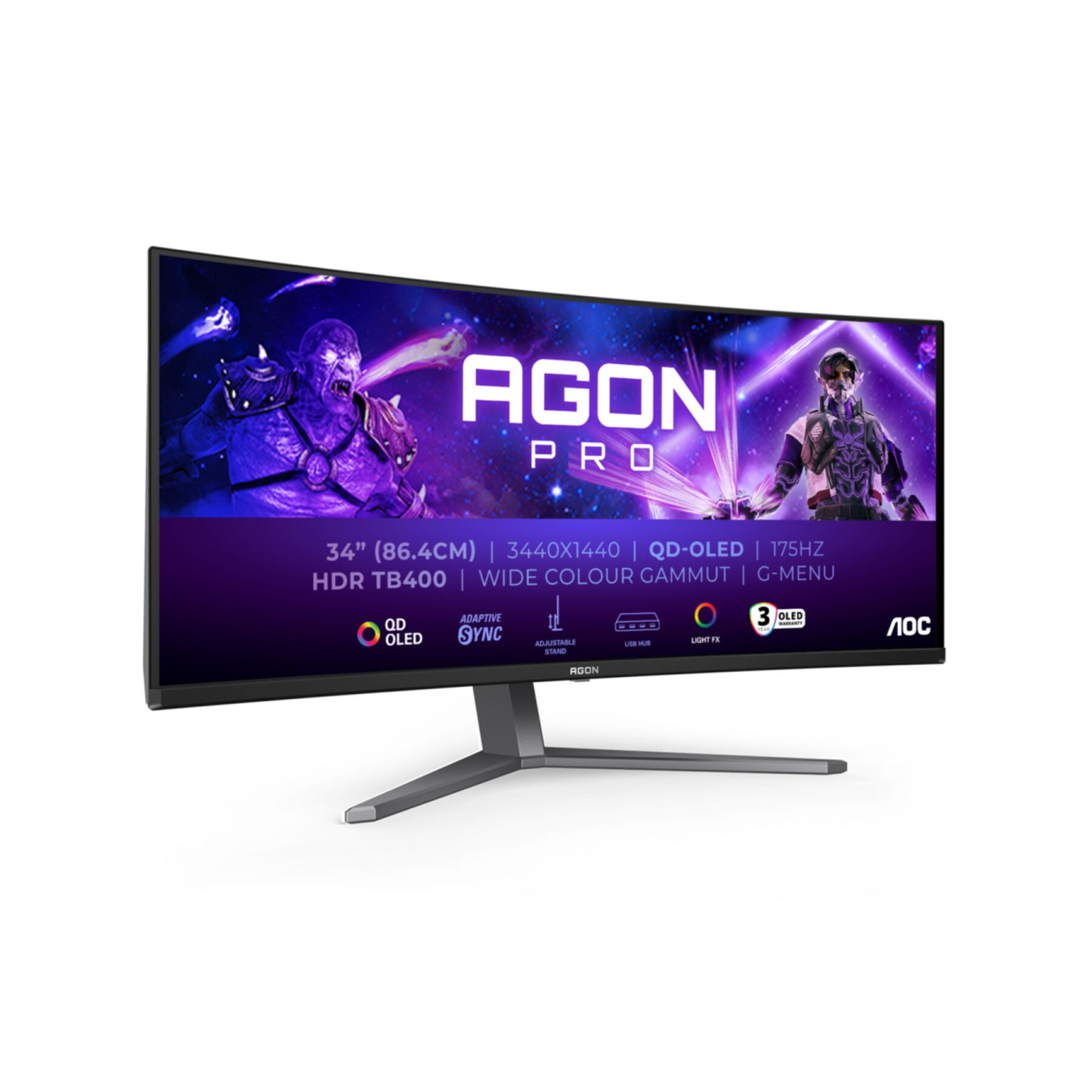 AOC AGON PRO AG346UCD - 34" QD-OLED Curved UWQHD Monitor, 3440x1440, 175Hz, 0.03ms, HDR TB400, AdaptiveSync
