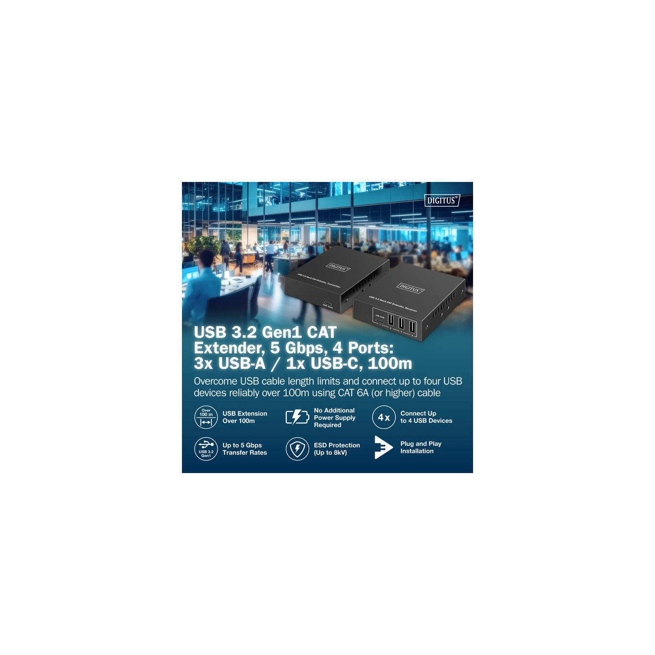 USB 3.2 Gen1 CAT Extender-Set, 5Gbps, 100 Meter, USB-Extender — Buy in Cyprus with Fast Delivery