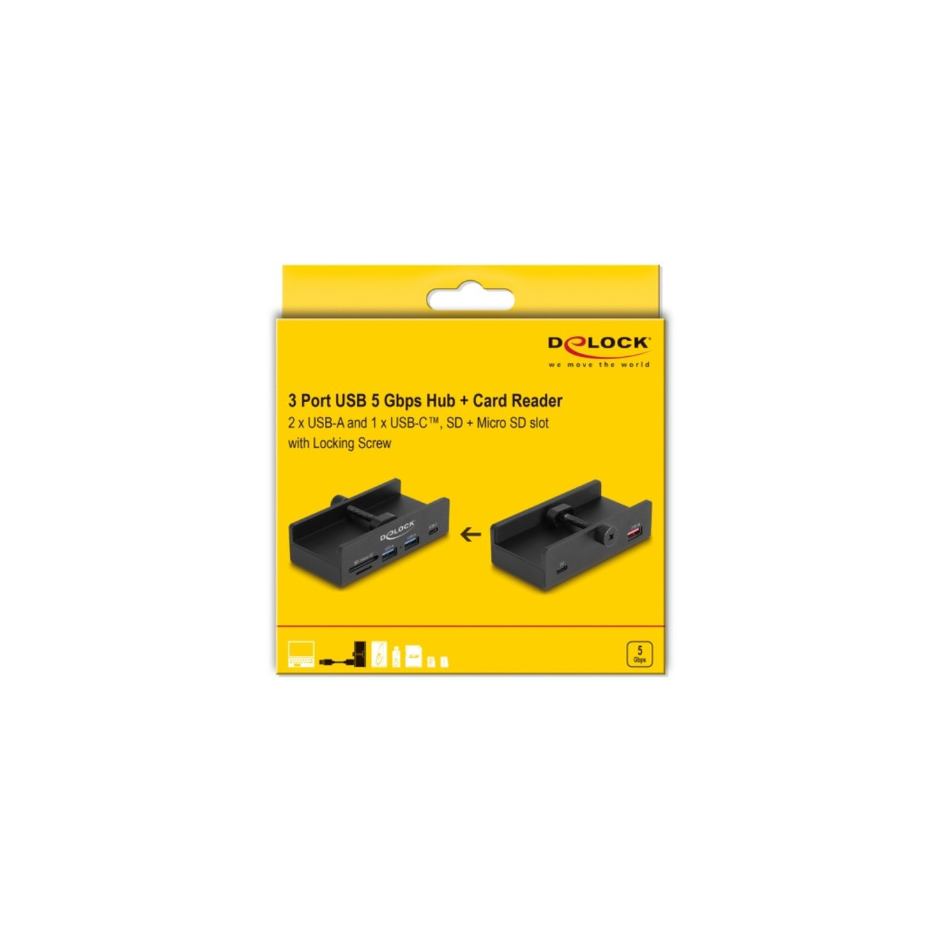 External USB 5 Gbps hub with 2 x USB Type-A, 1 x USB Type-CTM and SD + Micro SD slot with locking screw, USB hub