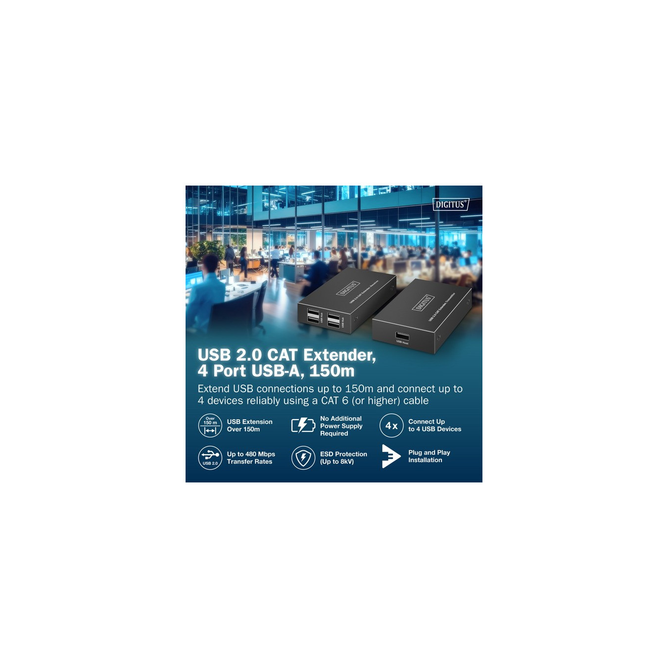 USB 2.0 CAT Extender-Set, 480 Mbps, 150 Meter, USB-Extender — Buy in Cyprus with Fast Delivery