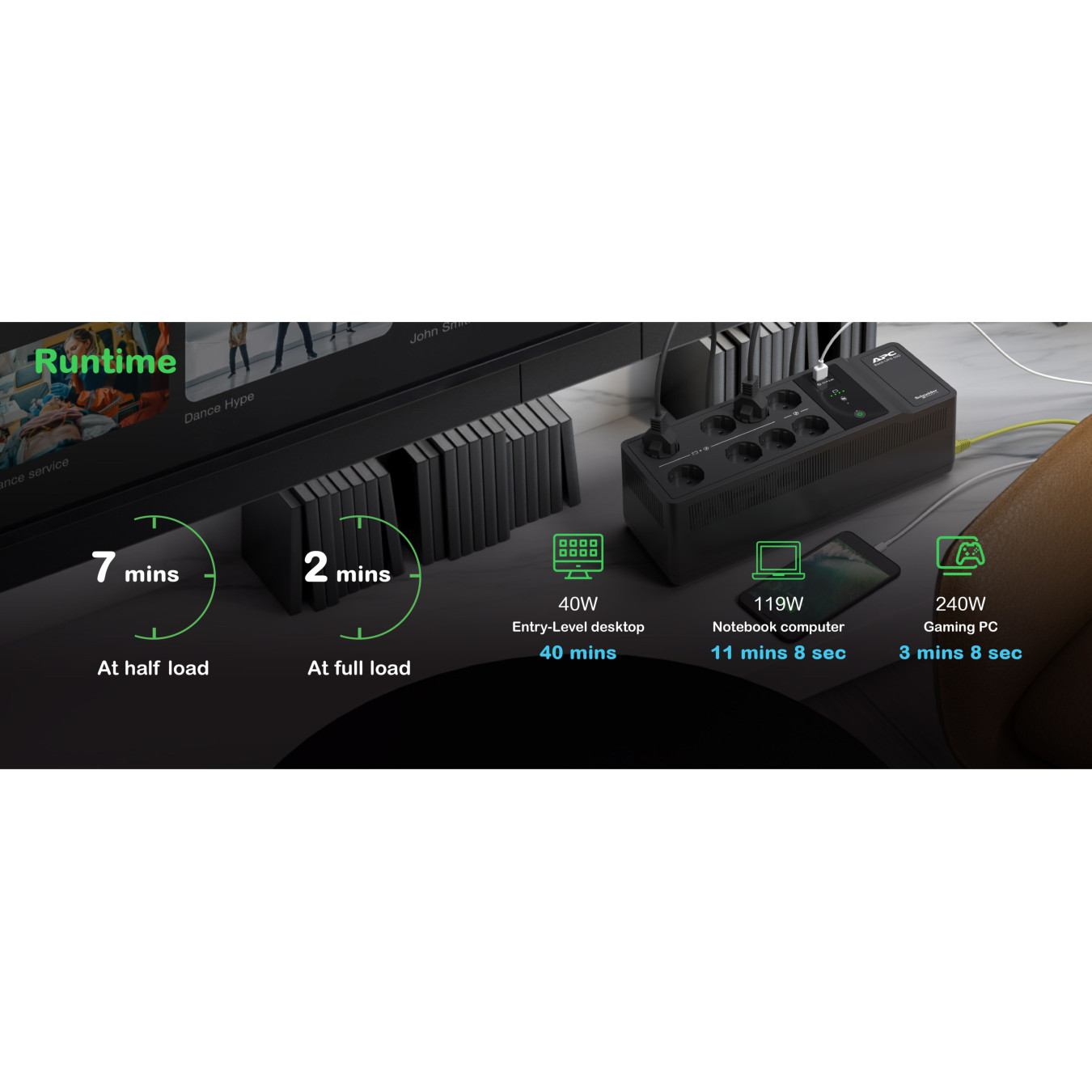 APC Back-UPS BE500G2-GR - 500VA (300W) UPS, 8 Outlets (6 Battery+Surge), Schuko, USB Charging - Green