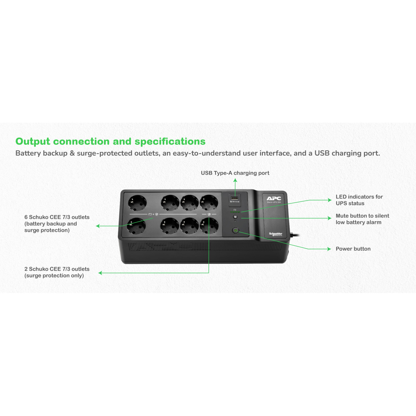APC Back-UPS BE500G2-GR - 500VA (300W) UPS, 8 Outlets (6 Battery+Surge), Schuko, USB Charging - Green