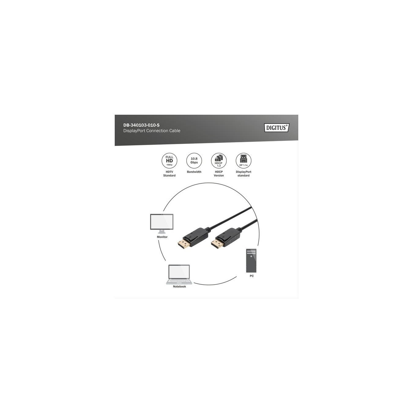 DisplayPort connection cable, Full HD 1080p — Buy in Cyprus with Fast Delivery
