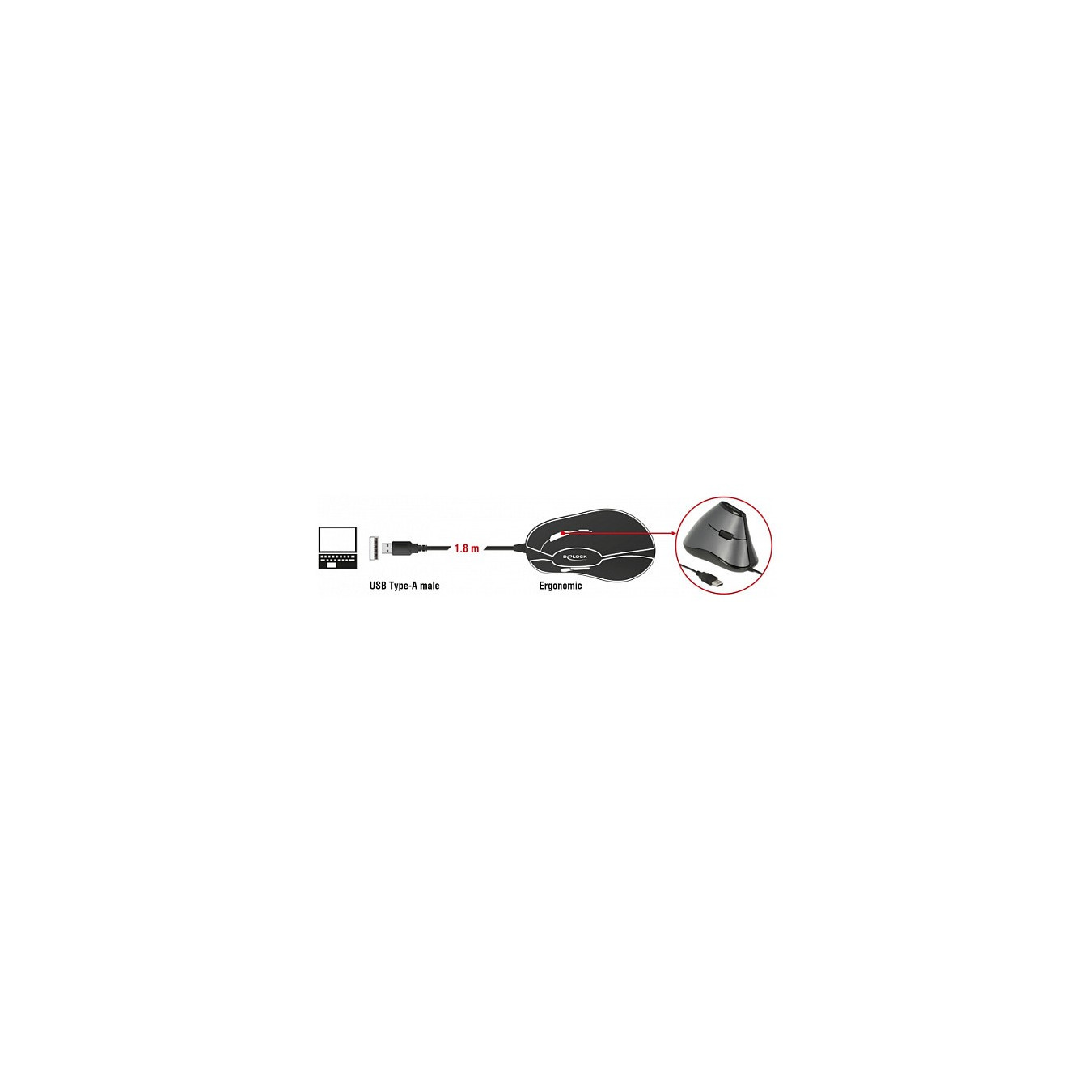 DELOCK ergonom. Maus vertikal optisch 5-Tasten + 1.8m Kabel — Buy in Cyprus with Fast Delivery