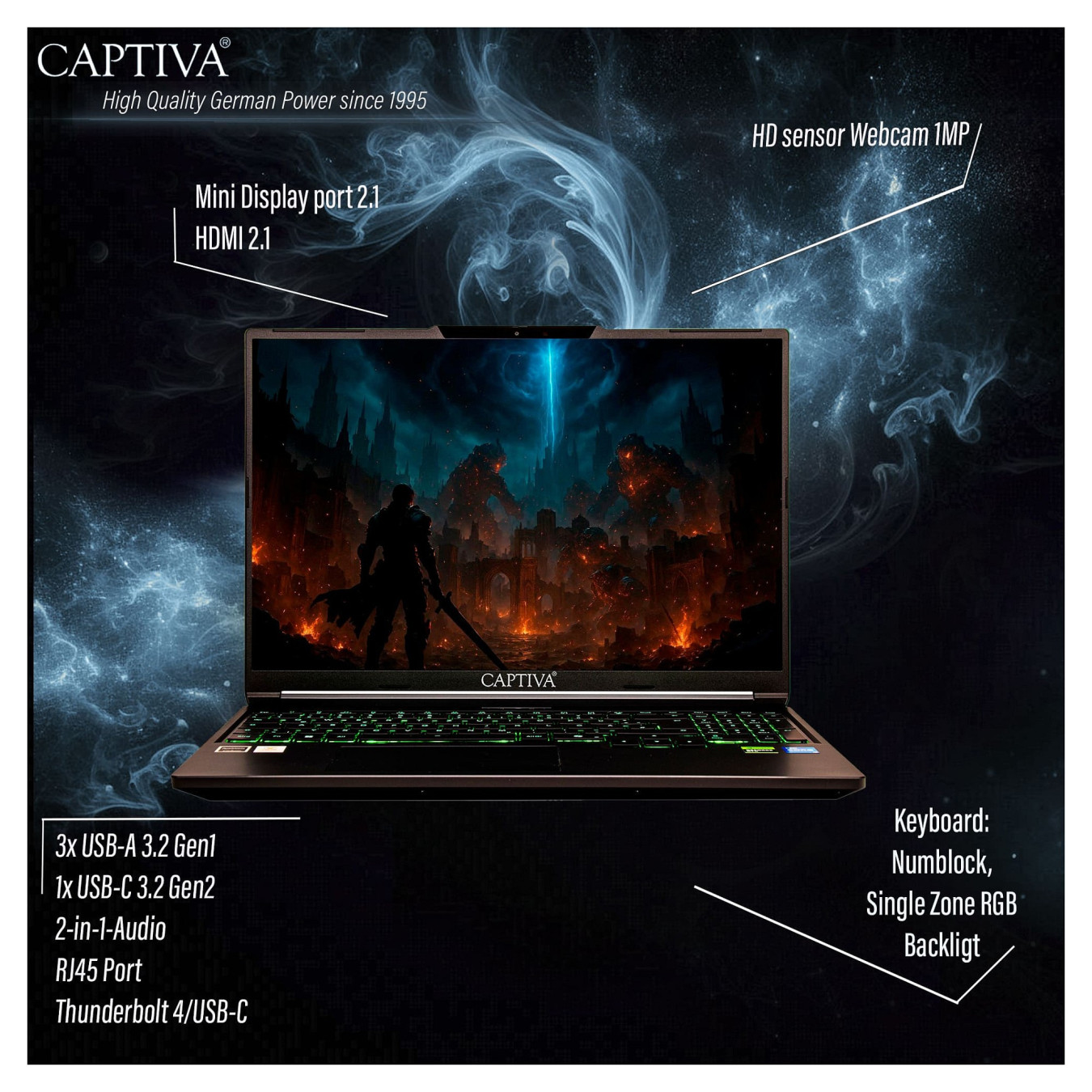 Captiva Notebook Highend Gaming I95-052GE 16' WQXGA Core i7-14650HX 32GB 1TB SSD RTX5070 Win 11