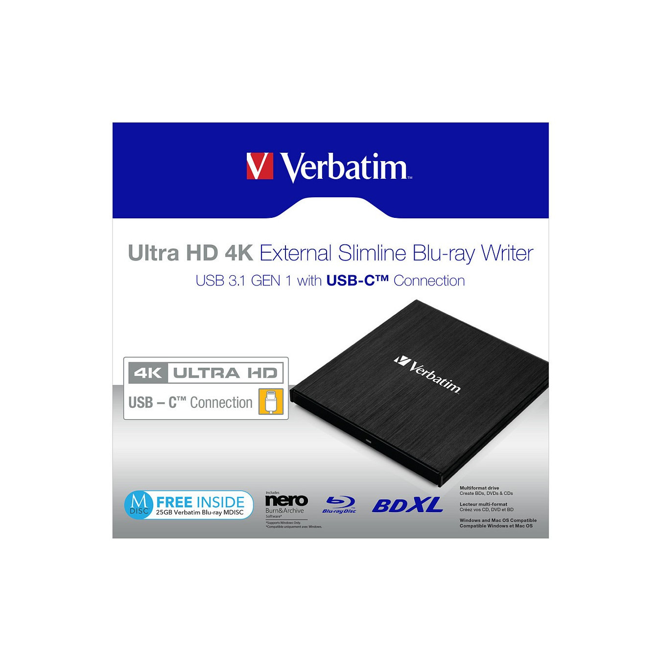Verbatim ext. Slimline USB3.1 Typ C 4K Blu-ray Brenner extern retail — Buy in Cyprus with Fast Delivery