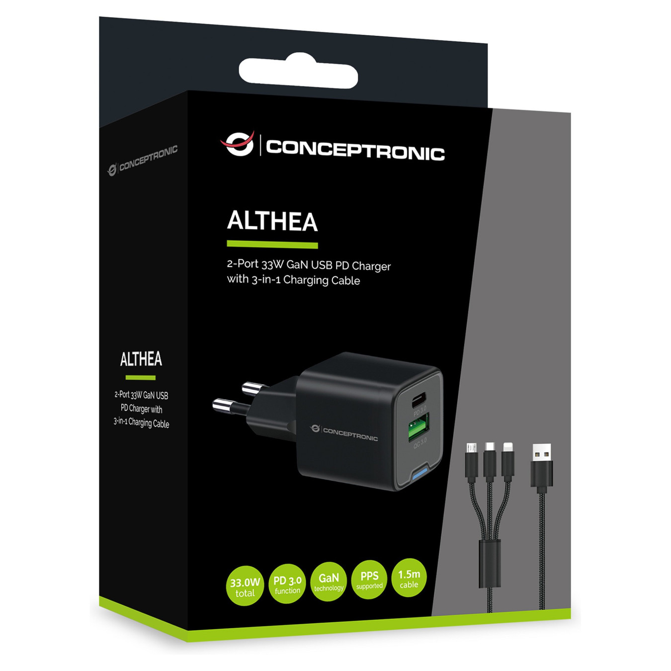 CONCEPTRONIC Ladegerät 2Port GaN 3-in-1 33WPD3.0 PPS sw — Buy in Cyprus with Fast Delivery