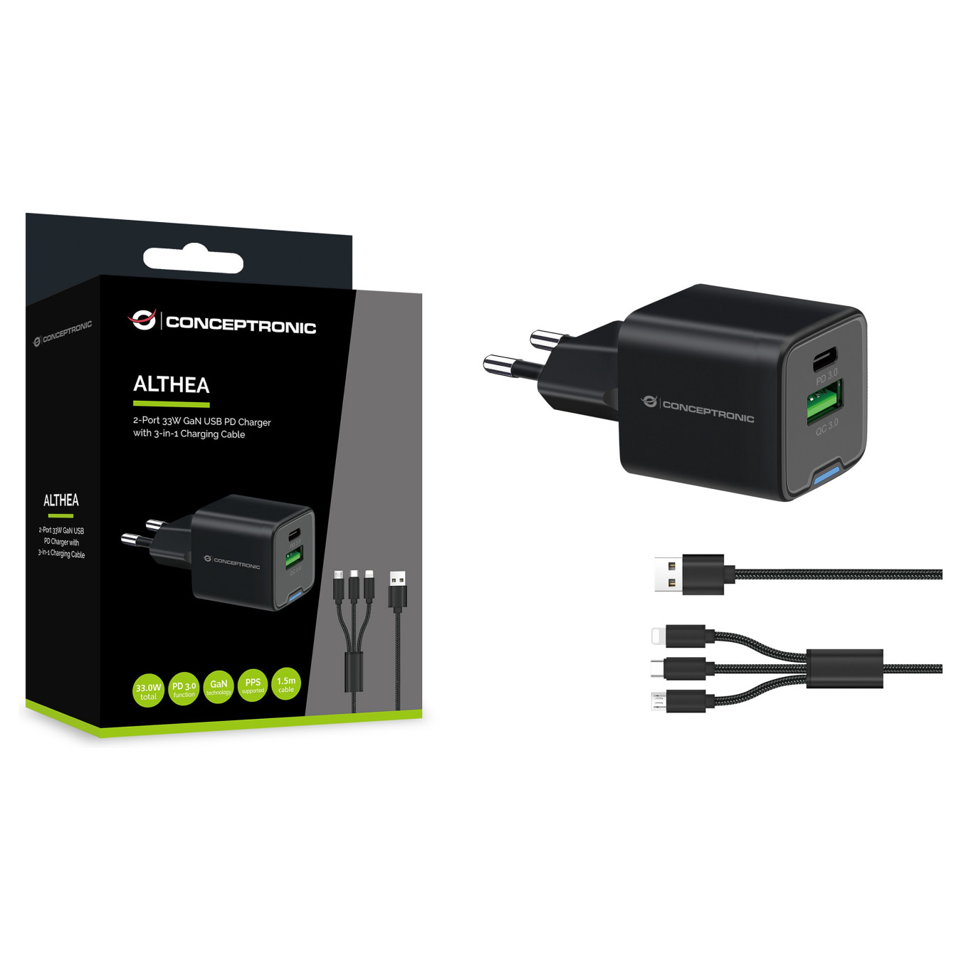CONCEPTRONIC Ladegerät 2Port GaN 3-in-1 33WPD3.0 PPS sw — Buy in Cyprus with Fast Delivery
