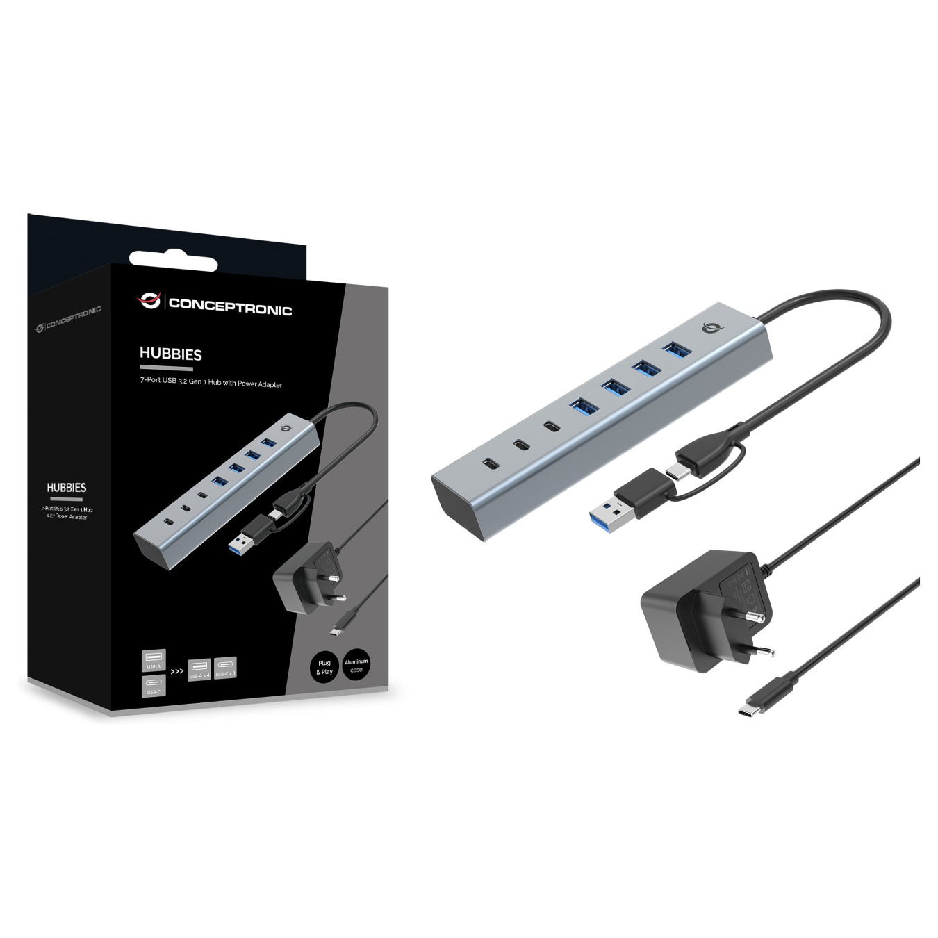 CONCEPTRONIC 7-Port Hub USB-A3.0 -C Adap.- to 4xA3.0+m.Netz. gr — Buy in Cyprus with Fast Delivery