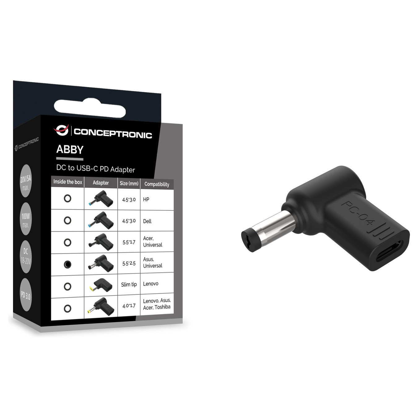 CONCEPTRONIC USB-C PD100W- to Asus Uni.5.5x2.5mm Adap.18-20V sw — Buy in Cyprus with Fast Delivery