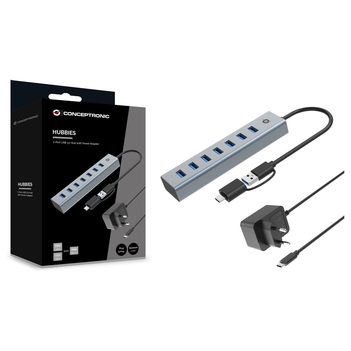 CONCEPTRONIC 7-Port Hub USB-A3.0 -C Adap.- to 7xA3.0 m.Netz. gr — Buy in Cyprus with Fast Delivery