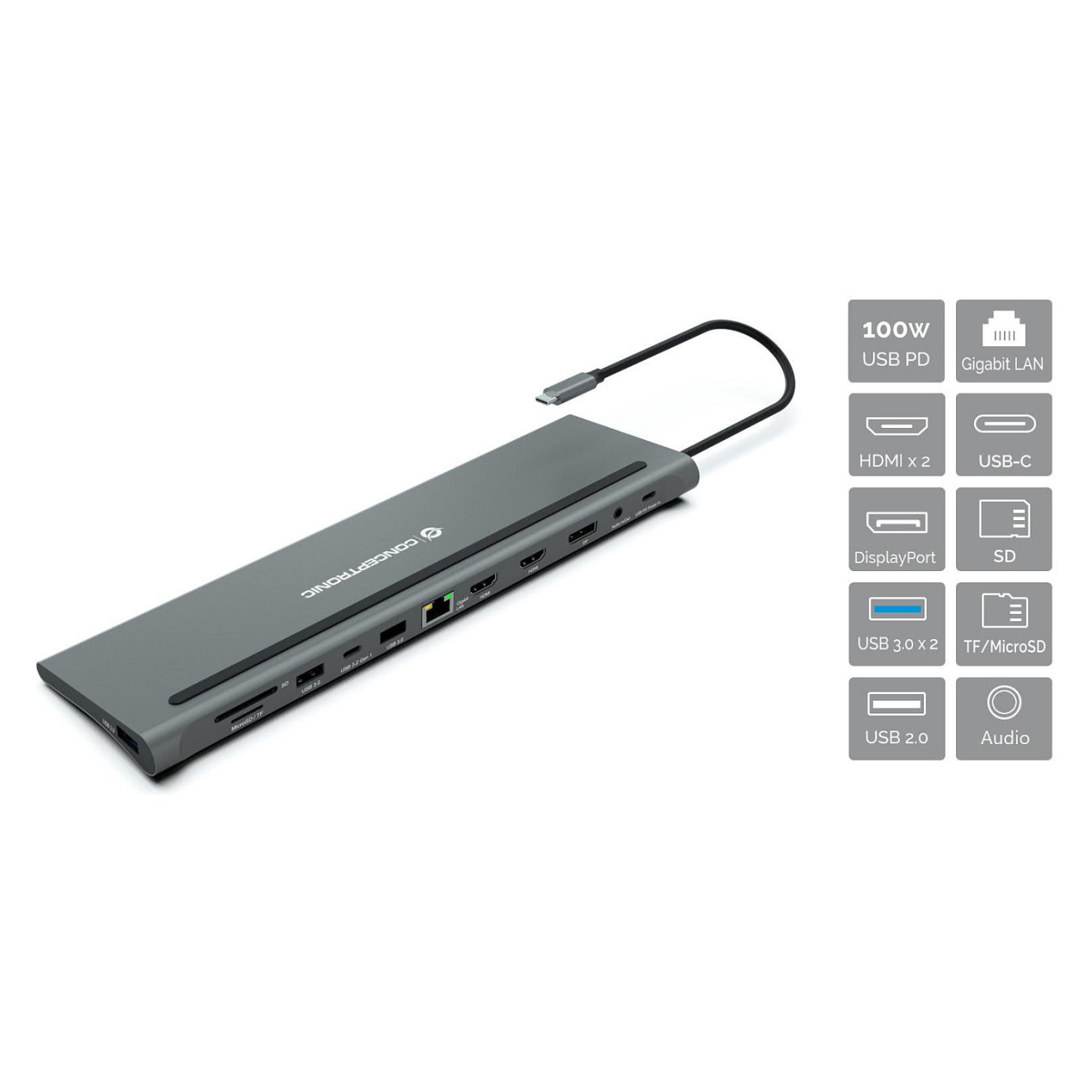 CONCEPTRONIC 12-1 Dock USB-C- to 2xHDMI 3xUSB-A DP + 18cm gr — Buy in Cyprus with Fast Delivery