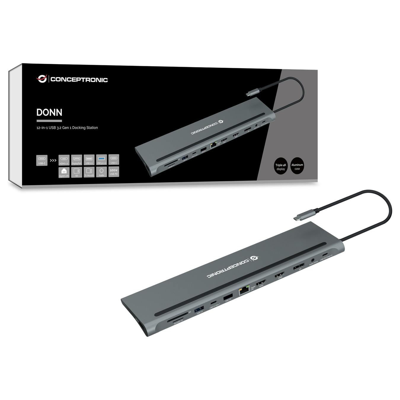 CONCEPTRONIC 12-1 Dock USB-C- to 2xHDMI 3xUSB-A DP + 18cm gr — Buy in Cyprus with Fast Delivery