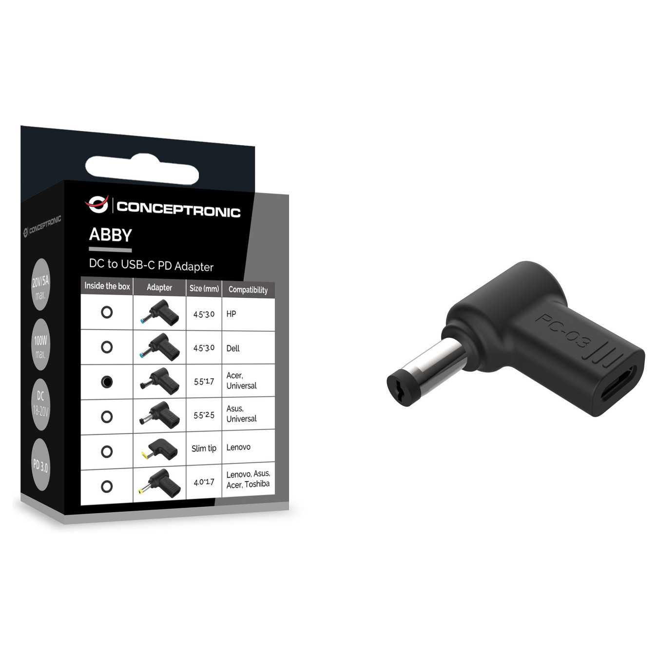 CONCEPTRONIC USB-C PD100W- to Acer Uni.5.5x1.7mm Adap.18-20V sw — Buy in Cyprus with Fast Delivery