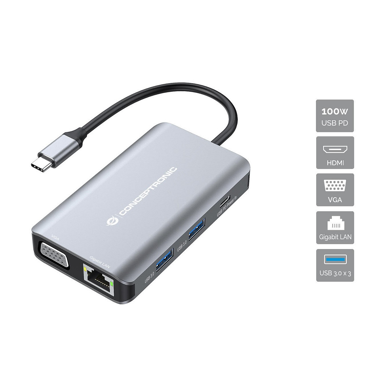 CONCEPTRONIC 7-1 Dock USB-C- to HDMI 3xUSB-A VGA + 25cm gr — Buy in Cyprus with Fast Delivery