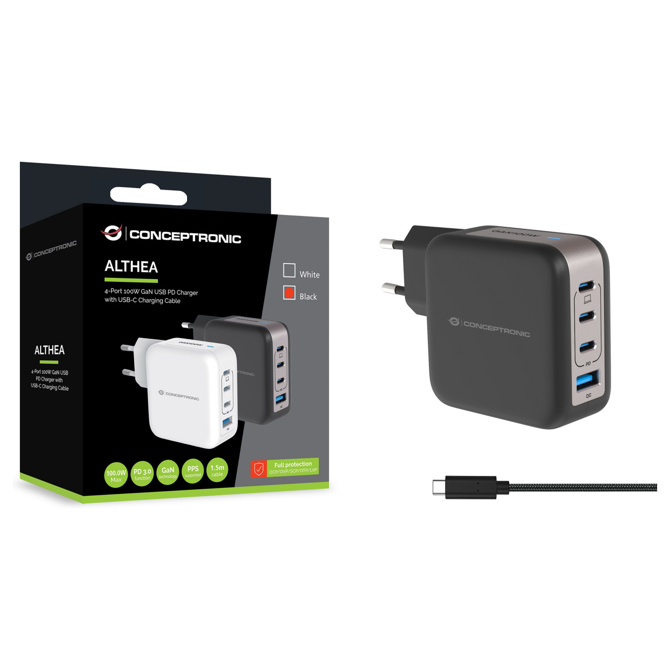 CONCEPTRONIC Ladegerät 4Port GaN 3xUSB-C 1xA100WPD3.0 PPS sw — Buy in Cyprus with Fast Delivery