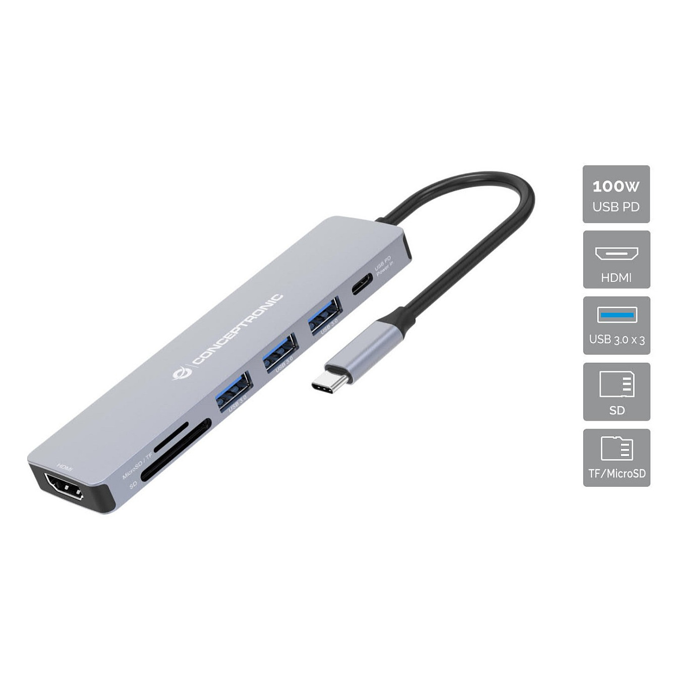 CONCEPTRONIC 7-1 Dock USB-C- to HDMI 3xUSB-A SD TF + 25cm gr — Buy in Cyprus with Fast Delivery