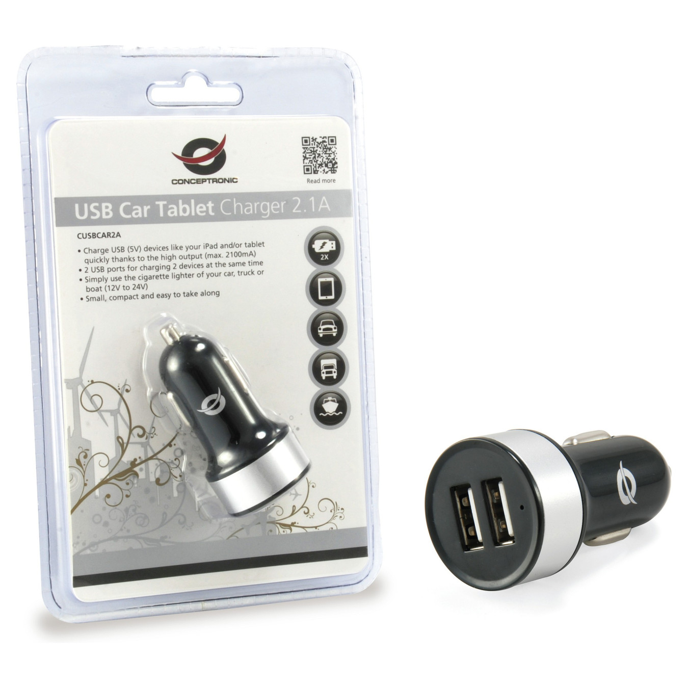 CONCEPTRONIC KFZ-Ladegerät 2-Port 2xUSB-A 10.5W sw — Buy in Cyprus with Fast Delivery