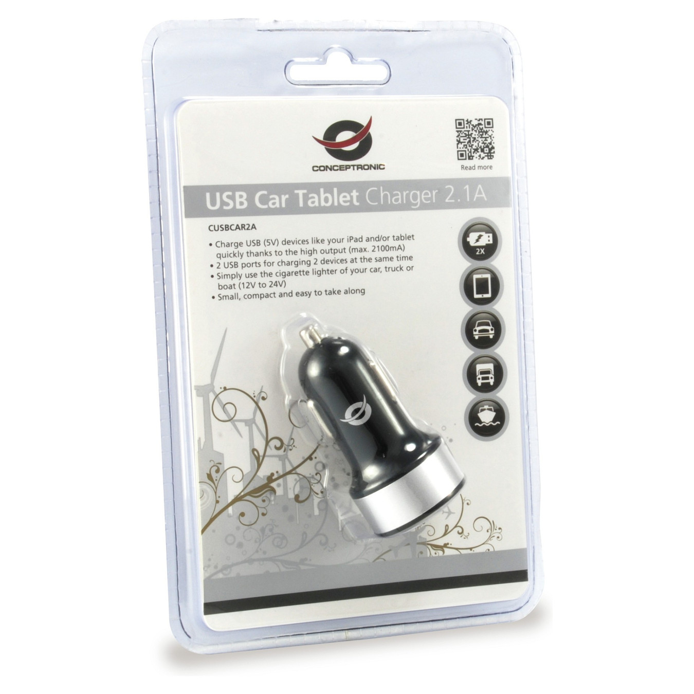 CONCEPTRONIC KFZ-Ladegerät 2-Port 2xUSB-A 10.5W sw — Buy in Cyprus with Fast Delivery
