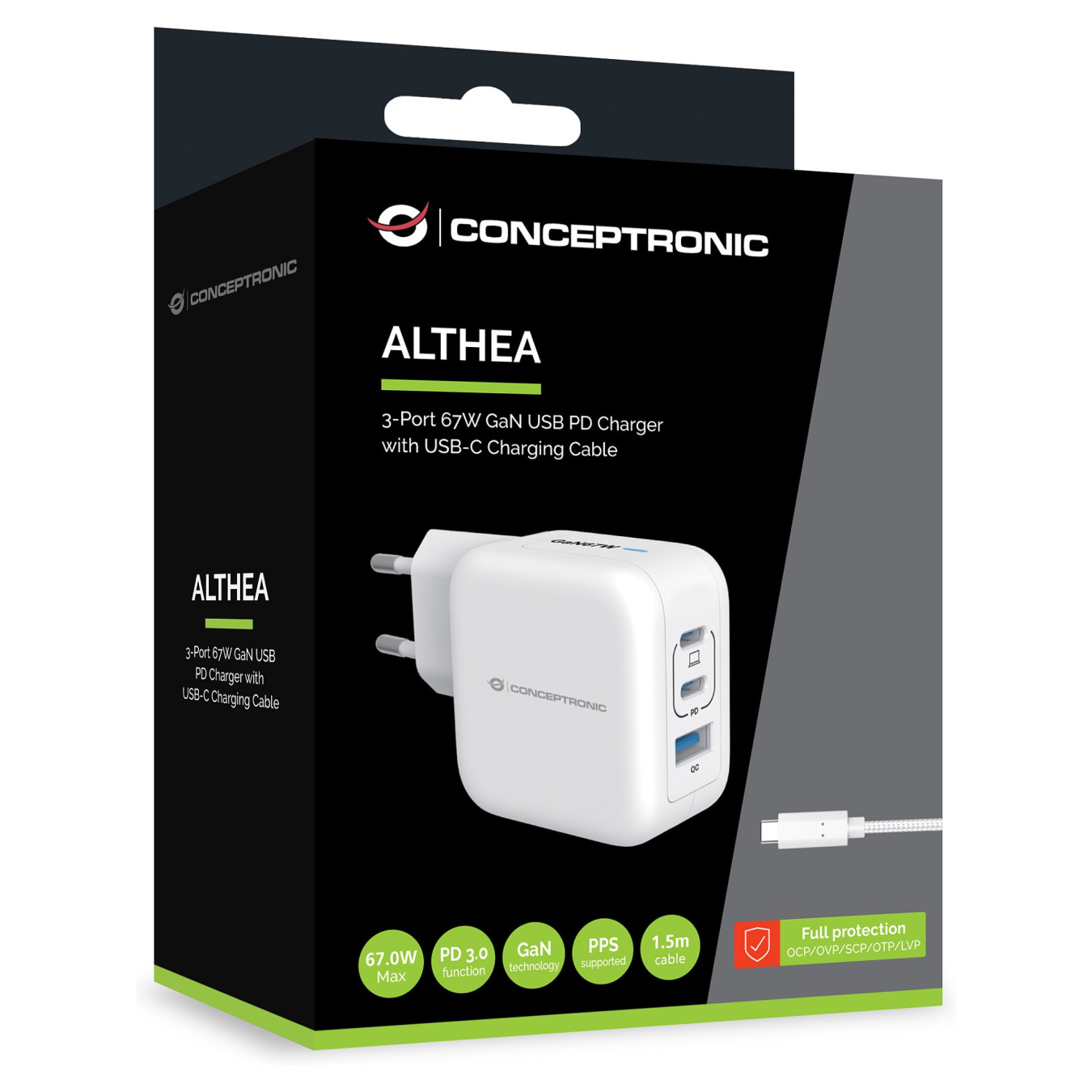 CONCEPTRONIC Ladegerät 3Port GaN 2xUSB-C 1xA 67WPD3.0 PPS ws — Buy in Cyprus with Fast Delivery