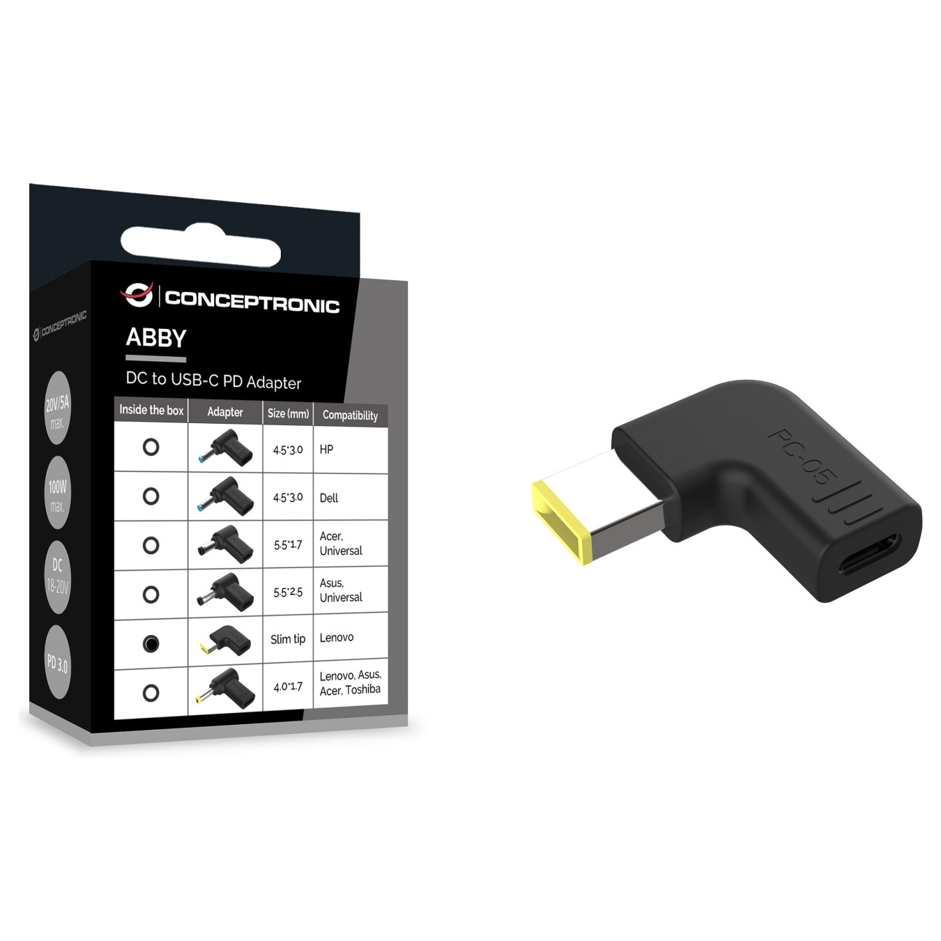 CONCEPTRONIC USB-C PD100W- to Len. Uni.5.5x2.5mm Adap.18-20V sw — Buy in Cyprus with Fast Delivery