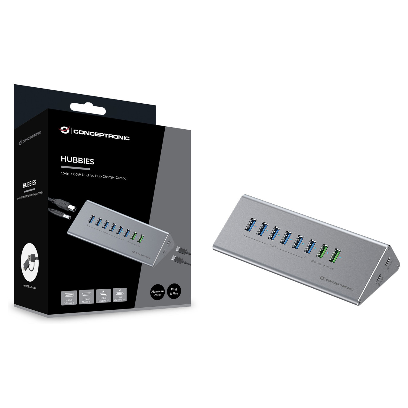 CONCEPTRONIC10-Port Hub USB-A3.0 -C Adap.- to 6xA3.0+m.Netz. gr — Buy in Cyprus with Fast Delivery