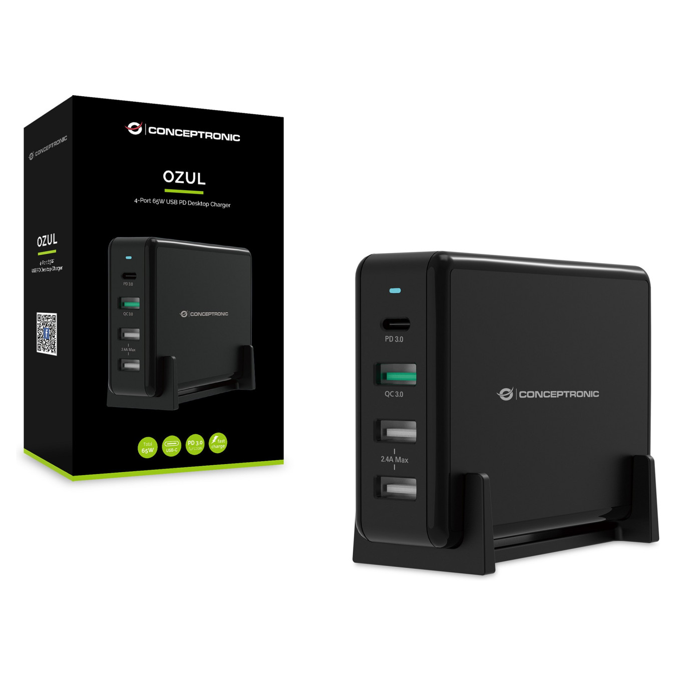 CONCEPTRONIC Ladegerät 4Port 3xUSB-A 1xC Desk 65WPD3.0 sw — Buy in Cyprus with Fast Delivery