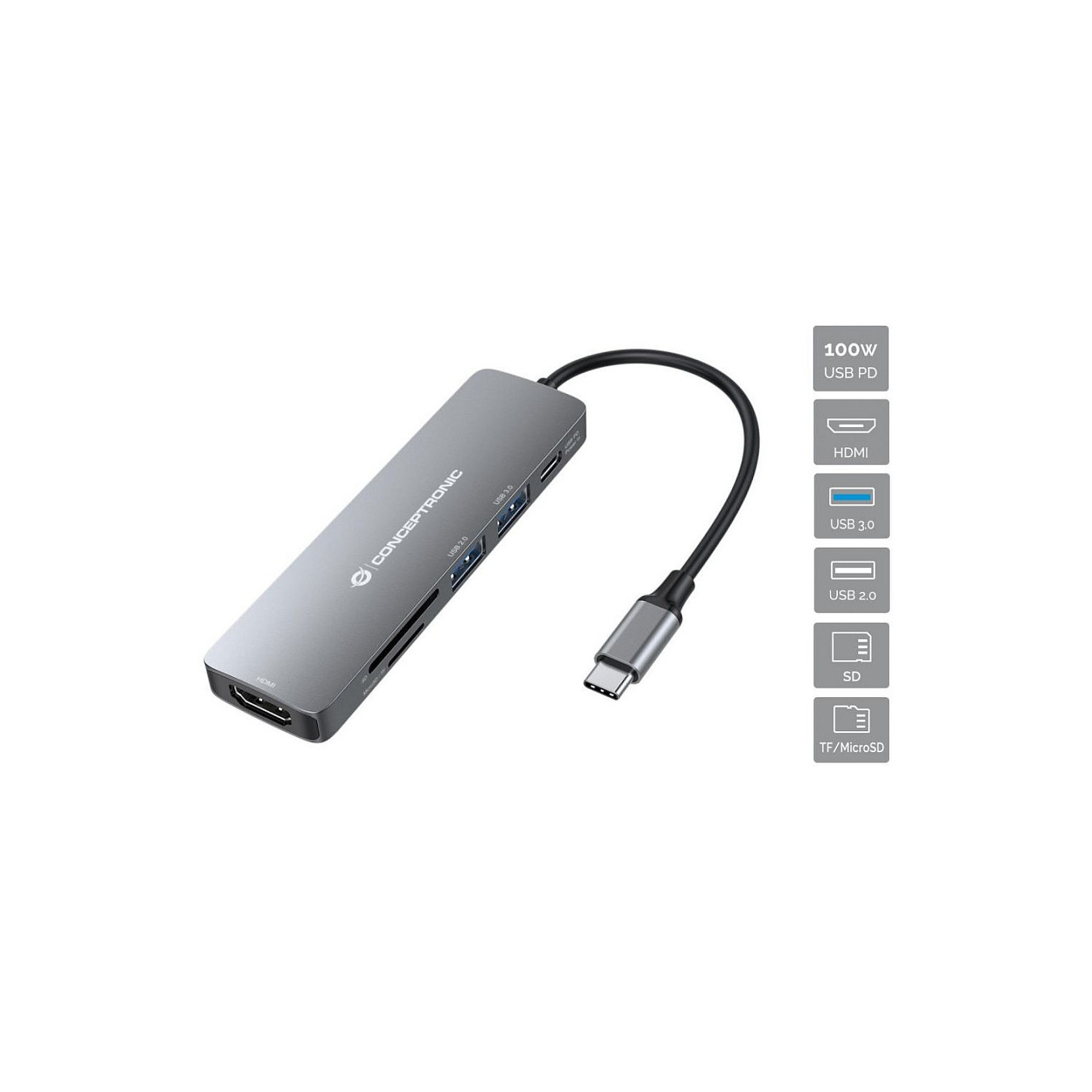 CONCEPTRONIC 6-1 Dock USB-C- to HDMI 2xUSB-A SD TF + 15cm gr — Buy in Cyprus with Fast Delivery