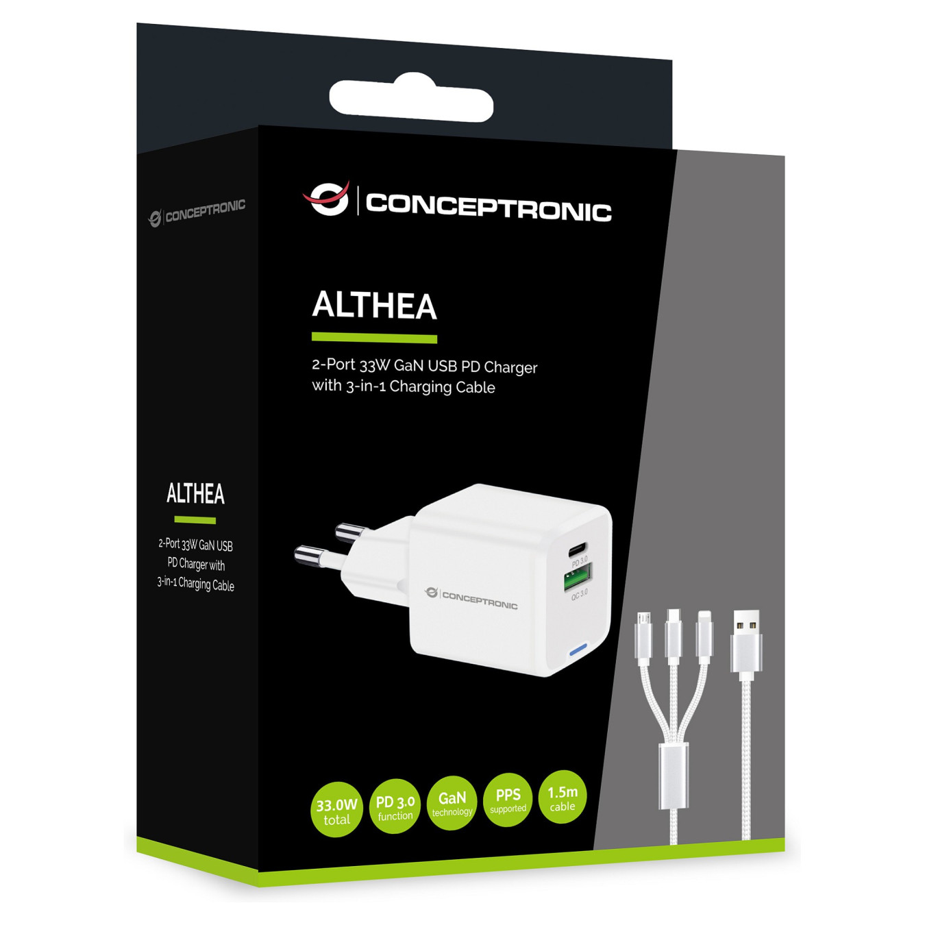CONCEPTRONIC Ladegerät 2Port GaN 3-in-1 33WPD3.0 PPS ws — Buy in Cyprus with Fast Delivery