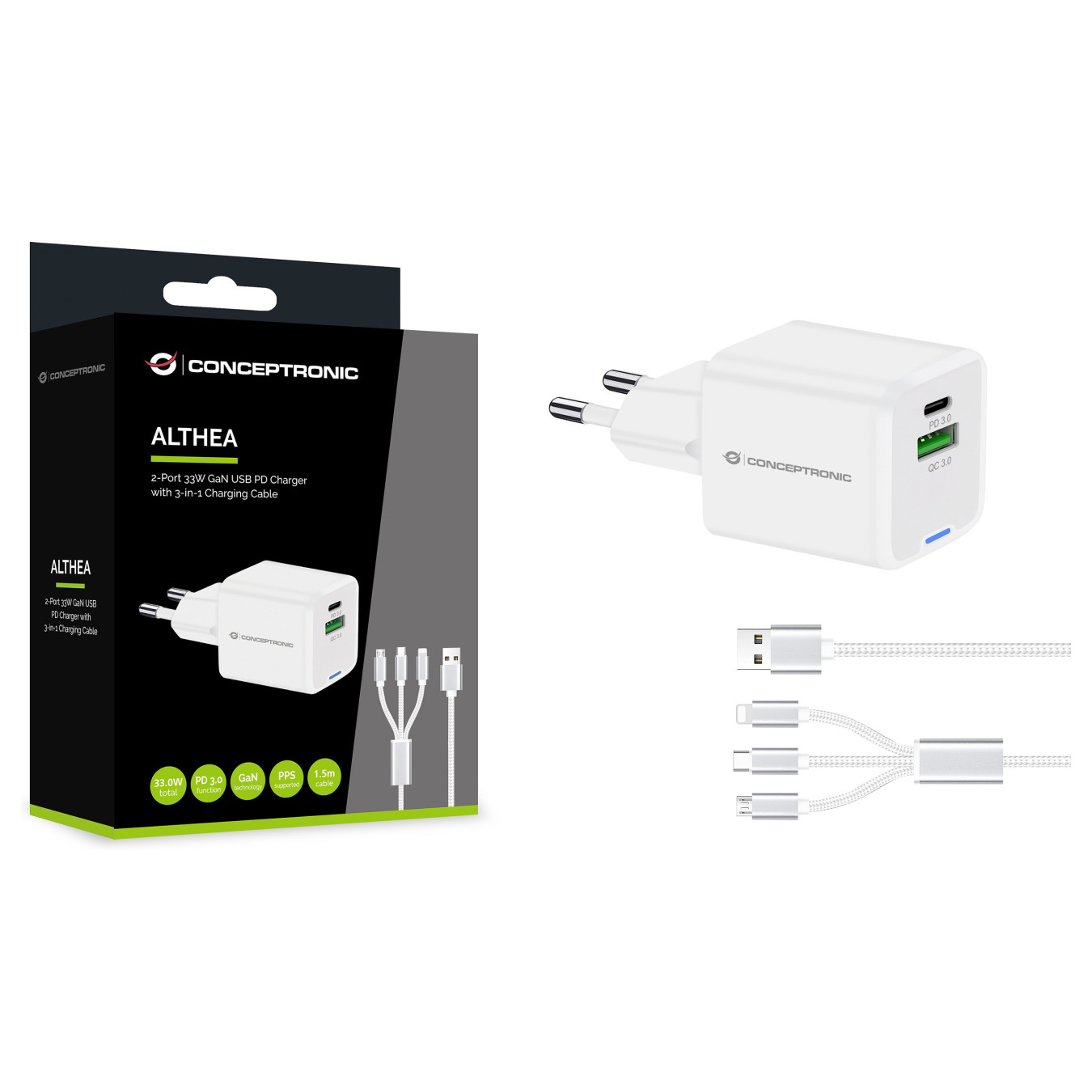 CONCEPTRONIC Ladegerät 2Port GaN 3-in-1 33WPD3.0 PPS ws — Buy in Cyprus with Fast Delivery